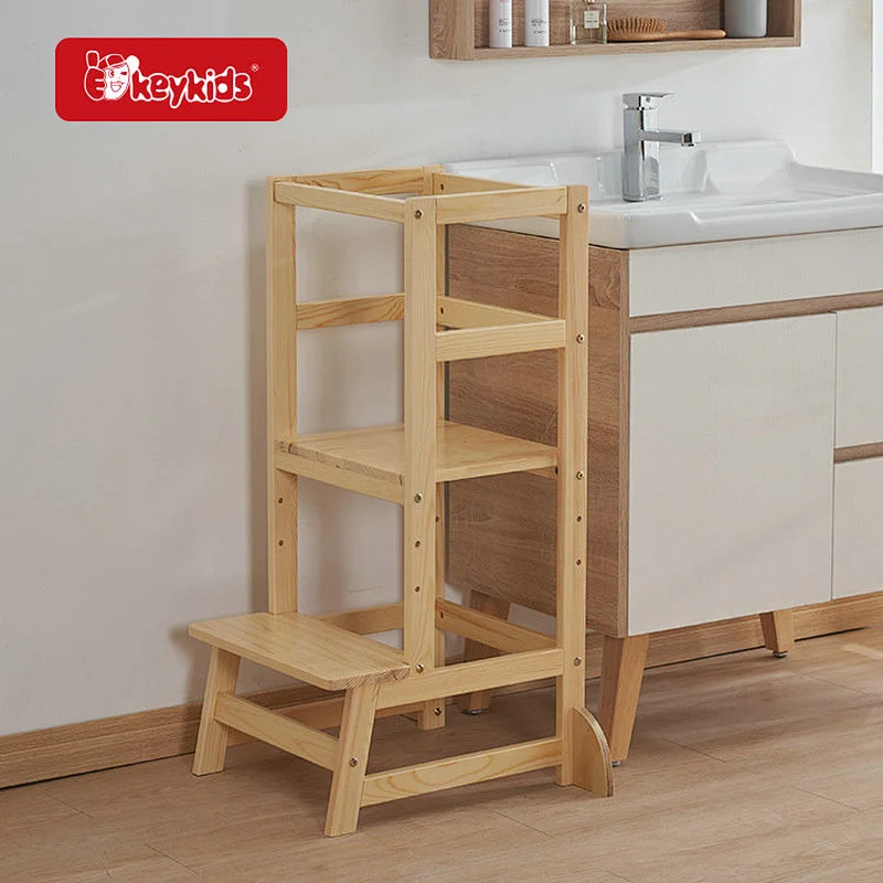Natural Color Three Height Adjustable Wooden Kitchen Step Stool for Toddler W08G387