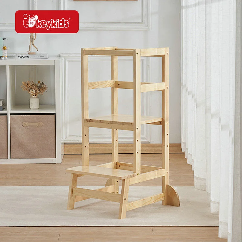 Natural Color Three Height Adjustable Wooden Kitchen Step Stool for Toddler W08G387